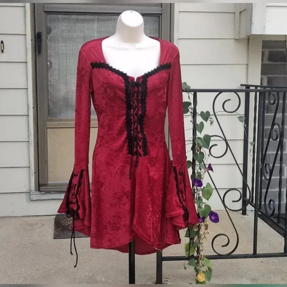 90s Lip Service Hi Low Red Velvet Laced Top with Bell Sleeves Small - Picture 5 of 14